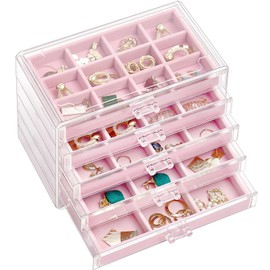 ProCase Earring Holder Organizer Jewelry Box with 5 Drawers, Acrylic Clear Earring Case with Adjustable Velvet Trays for Women - Pink, 5 Layers