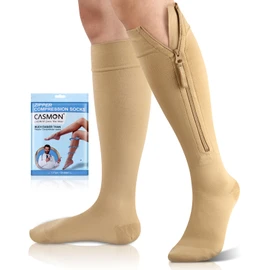 CASMON - Calcetines de compresión con cierre de 15 a 20 mmHg para mujeres y hombres, medias de compresión alta hasta la rodilla, calcetines médicos con puntera cerrada para venas varicosas, poscirugía, hinchazón, enfermeras, embarazo (1 par), Beige, Larg