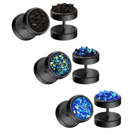 AceFun 16G 3 Pairs Black Fake Round Stud Earrings Surgical Steel Punk Style Fake Ears Plugs Men Women Clip on Fake Gauge Earring
