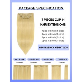 Loveline Clip in Hair Extensions Real Human Hair Bleach Blonde 14 Inch 7pcs/120g Human Hair Extensions Clip ins