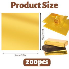 200 Pieces Gold Chocolate Bar Wrappers Packing, 7.8" x 7.8" Aluminum Foil Chocolate Wrapping Paper Sheet, Candy Foil Wrappers for Homemade Sweets Food Wraps Party Favor DIY (200 Pieces)