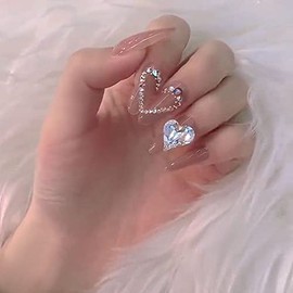 24 Pieces Medium Length Heart Nail Transparent Gradient Photo Taking, Wedding, Coming-of-age Ceremony, Party, After-party, False Nail