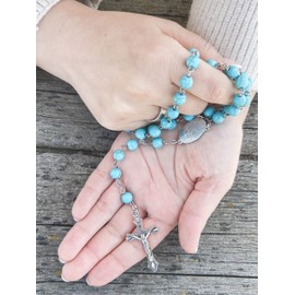 Nazareth Store Sky Blue Marble Stone Beads Rosary Turquoise Beaded Necklace Catholic Miraculous Medal & Jesus Cross