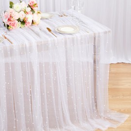 Pearl Table Runner White Tulle Fabric, Wedding Table Decor Lace Tablecloth Bridal Shower Decorations DIY Bridal Veil Tulle Table Skirt 3 Yards Lace Table Cloth For Wedding Birthday Party Baby Shower