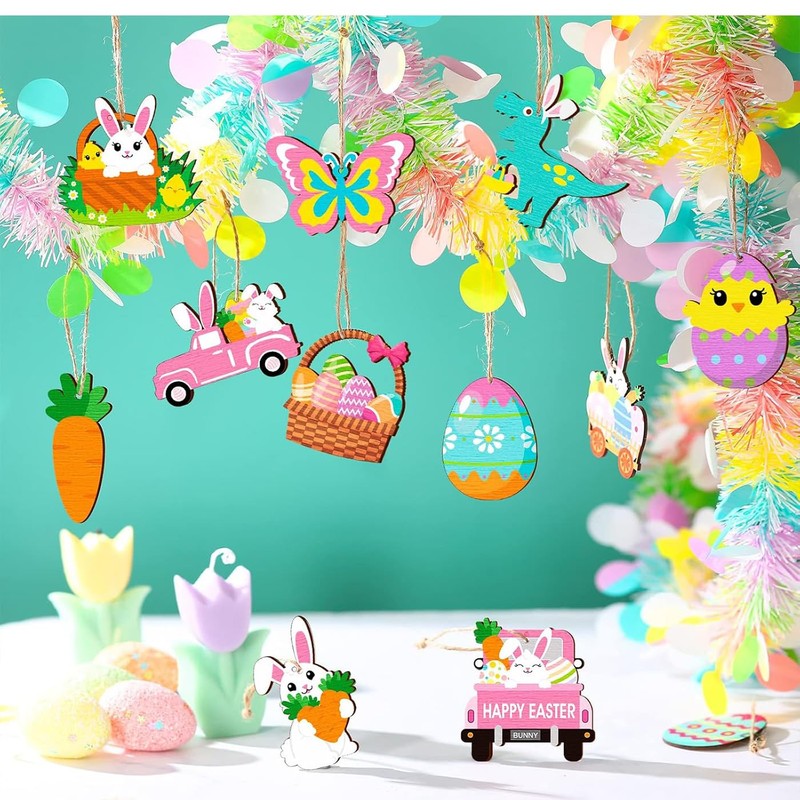24 Wooden Bunny Easter Pendants with String, 8 cm Eggs,