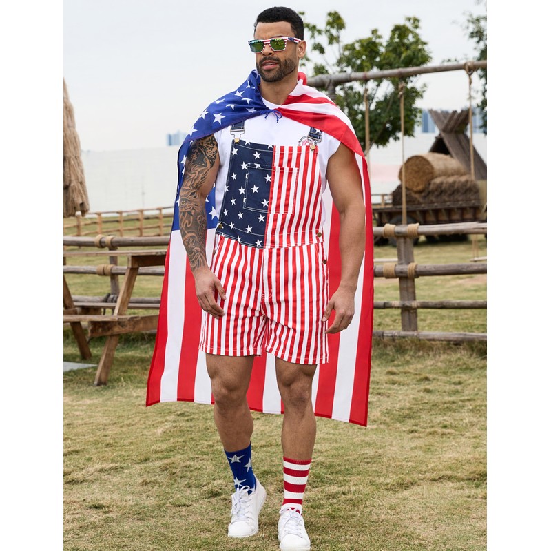 Bindefon American Flag Overalls Men,4th of July Cape,USA Sunglasses,Patriotic Socks,4