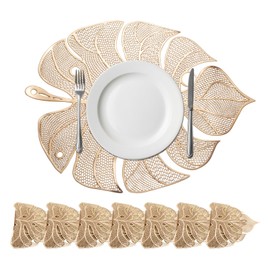 sourcing map Gold Palm Leaf Shaped Placemats Set of 8 for Dinner Tables, Metallic Polyvinyl Pressed Placemats Washable Table Mats for Dinner Table Decor (35 x 45cm/13.8 x 17.7inch)