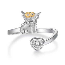 Highland Cow Ring 925 Sterling Silver Adjustable Cow Ring Highland Cow Jewelry Gifts for Women, Sterling Silver, Cubic Zirconia