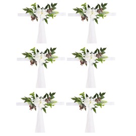 Set of 6 Wedding Aisle Pew Flowers Chair Back Flowers Artificial Dahlias with Bows Tulle for Ceremony Celebration Seat Church Bench (White)