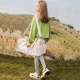 Sports Bag and Travel Bag for Children Girls Teenagers Weekender 25L Multifunctional Travel Bags School Sports Bag Girls, Laser White, Sports bag with wet compartment