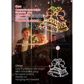 Christmas Window Silhouette Lights Decorations - Pack of 4 Sign Colour Lighted Wreath, Candy Cane, Bell, and Angel for Holiday Indoor Wall Door Glass Decor