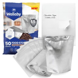50x Wallaby 1-Cup Gusset Mylar Bag Bundle - (5.5 Mil - 5" x 7") Stand-Up Zipper Pouches + 50x Labels - Heat Sealable, Food Safe, & Reliable Long Term-Food Storage Solutions - Silver