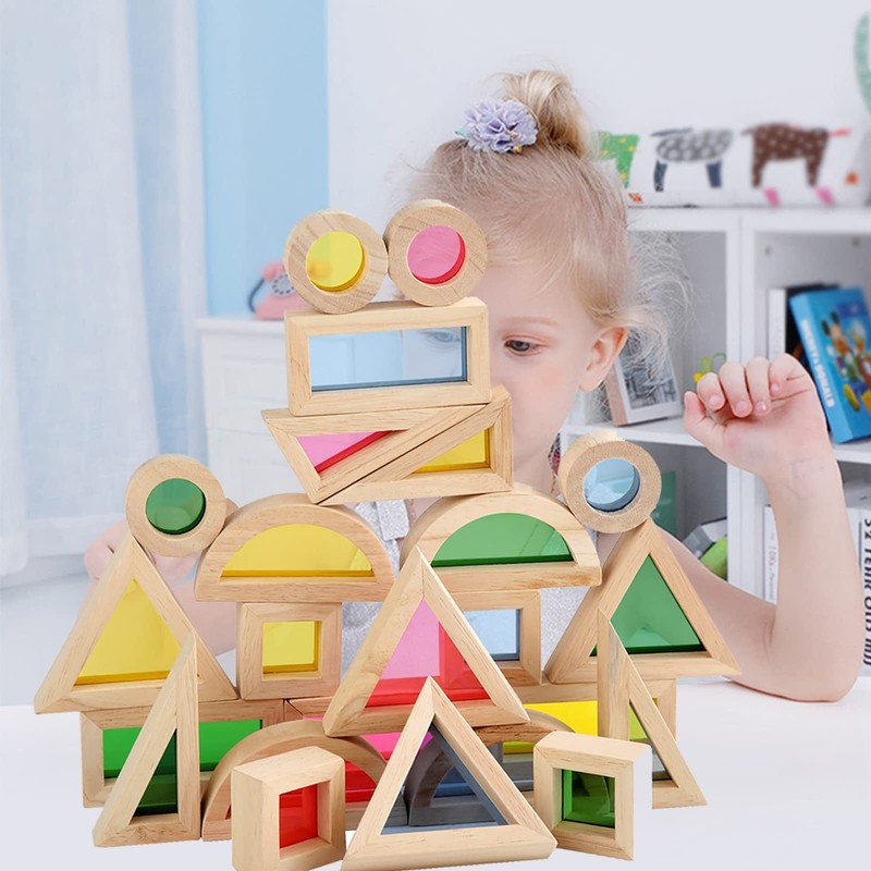 Agirlgle Wood Building Blocks Set for Kids 24 Pcs Rainbow