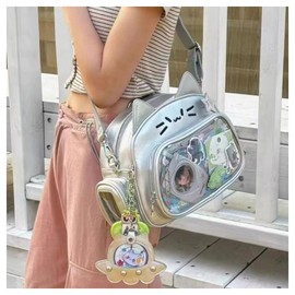 Cat Ita Bag Pin Display Backpack for School PU Leather Preppy Backpack for Girls Y2k Aesthetic Single Shoulder Bag (Silver)