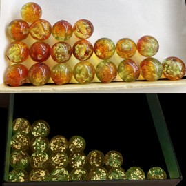 Keruide 20 PCS 12mm Bicolor Luminous Glass Beads for DIY Craft Bracelets Necklace Jewelry Making CraftBeads for Gift, Gold Sand Round Loose Beads Glow in The Dark, Crystal Stretch Cord, Green Orange