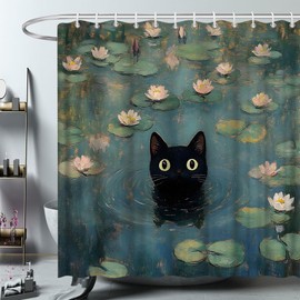 ZFMRZF Funny Cat Shower Curtain Abstract Oil Painting Art Cute Black Kitten in Water Lilies Green Leaves Pink Lotus Floral Lovely Animal Bathroom Polyester Curtains Set with Hooks 70x70 Inch