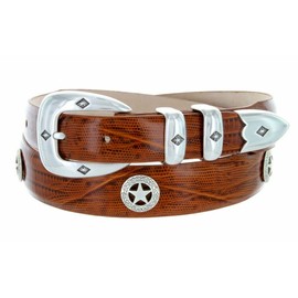 Presidential Silver Star Italian Calfskin Designer Dress Golf Conchos Belt 1-1/8"(30mm) taper down to 1"(25mm) wide (Lizar Tan, 42)