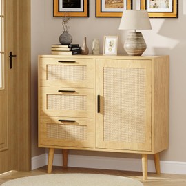 KFO Storage Cabinet, Rattan Sideboard Cabinet with 3 Drawers & Door, Wooden Buffet Cabinet for Living Room, Dining Room, Hallway, Kitchen, Entryway…