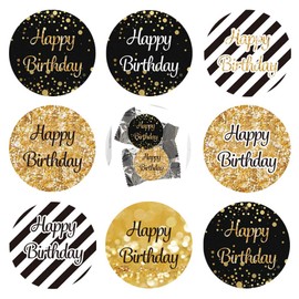 216PCS Happy Birthday Party Favor Labels Stickers 3/4 inch Circle- Printed Dots Decorations Supplies for Small Candies Sealing Envelopes Scrapbooks Grab Bags Gold and Black (Happy)