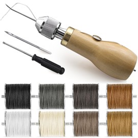 SiiRo 13pcs Leather Awl Sewing Kit, Stitching Awl with Straight Bent Needles and 8 Colors Flat Waxed Thread, Hand Stitcher Sewing Tool for Leather Working (Style B)