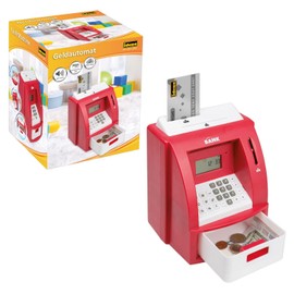 Idena 50061 Digital Money Box Money Box with Sound in Red, Pin Protected Credit Card, Coin Counter and Many Functions, Approx. 21.8 x 16 x 14.5 cm