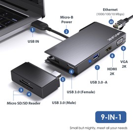 WAVLINK USB 3.0 Mini Docking Station Dual Display, HDMI, VGA, 9 IN 1 Multiport Adapter with Detachable SD/TF Card Read, Ethernet Port, 2x USB3.0, DisplayLink Dock for Mac Windows Android Chrome Ubuntu