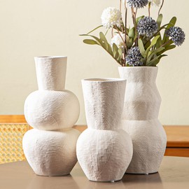 Tenforie White Textured Ceramic Vase Set of 3 – Modern Decorative Pottery Vases for Boho and Farmhouse Home Decor, Minimalist Flower Vases for Living Room, Shelf, Mantel or Table Display