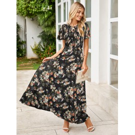 Simplee Womens Summer Boho Maxi Dress Floral Short Sleeve Evening Dresses Ruched Flowy Prom Beach Black Wedding Guest Dress(Black Leaf L)
