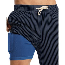 7 Inch 7in Men Swim Trunks Compression Liner Quick Dry Drawstring Male Swimwear Swimsuit Swimtrunks Boardshorts Bathing Suit Fair Beach Water Shorts Zipper Mesh Pocket Lined Inseam Harbor Night Blue