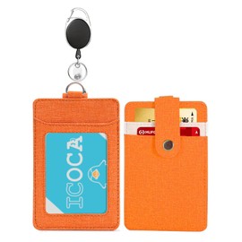定期入れ リール付き パスケース メンズ レディース 脱落防止バンド付き 子供 男女兼用 縦 定期入れ リール 伸縮 両面3枚 ic カードケース 社員証 PUレザー (KB405,オレンジ)