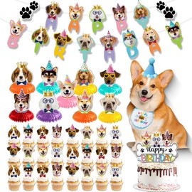 TXTLDB Dog Birthday Party Decorations Kit 38 Pcs - Banner, Cupcake Toppers & Honeycomb Centerpieces, Hat and Bandana Scarf Set for Dog Theme Party, Doggy Birthday Supplies