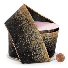 Paper Mart Gold Glitter on Black Ribbon, 2.5 Inches Wide x 10 Yards of Wired Ribbon, Sparkling Gold Metallic Decoration for Bows and Gift Wrap