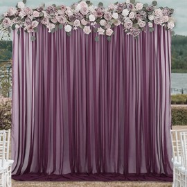 MDS 10ftx10ft Chiffon Backdrop Curtain Panels,Two Pages Sliding Curtain Sheer Voile Photography Backdrop for Wedding Birthday Baby Shower Party Stage Background Living Room Window Drapes (Eggplant)