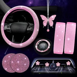 ARTILAURA Bling Car Accessories for Women, Bling Steering Wheel Cover, Bling Butterfly Car Hanging, Bling Car Cup Coasters, Bling Air Vent Clip, Rings, Car Interior Accessories(Pink)