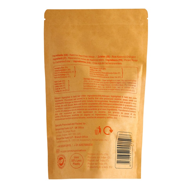 BanyanTree Foods Kashmiri Red Chilli Whole 100g ~ All Natural,