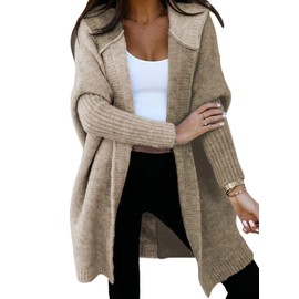 Astylish Women Long Sleeve Open Front Knit Cardigan Hoodie Outwear Color Block Sweater Deep Khaki Small