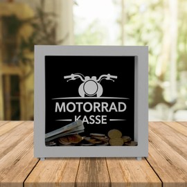 Motorcycle cash register frame money box made of wood for biker fans, funny money box for motorcycle enthusiasts
