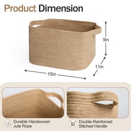 MEGASKET Wicker Basket for Storage, 15"x11"x9" Woven Basket with Handle, Rectangular Cute Storage Bin for Books, Shoes, Clothes, Towels, Decorative Gift Bin Empty, Stuffed Animal Organizer, Home Decor