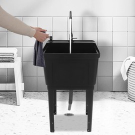 HinLIaDa Black Space Saver Utility Sink, Extra-Deep Laundry Tub Heavy Duty Floor Mounted Freestanding Wash Station with Faucet & Soap Dispenser For Laundry Room Restaurants Utility Rooms (Black)