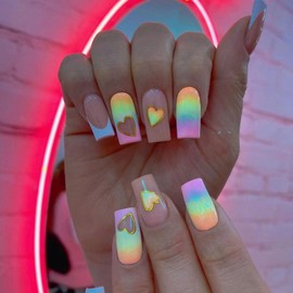 24PCS Square False Nails, Short Stick On Nails, Rainbow Colored Press on with Hearts, Removable Accessory Tools, Full Cover Fake for Women & Girls, Art Accessories