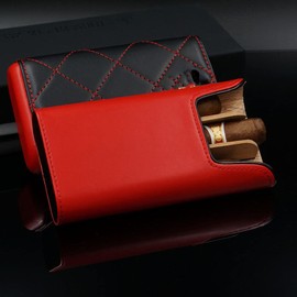 Cigar in Style Adjustable Red Black Leather Cedar Wood 3 ct Cigar Case Holder Humidor
