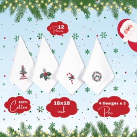 Cloth Napkins,Cotton Napkins,Chritsmas,Dinner Napkins,Cloth Napkins Set of 12 Cotton,Napkins Cloth,Cloth Napkin Cotton,Wedding Napkins,Machine Washable Napkins 18x18 White Green Red Emb.