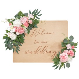 TINGE TIME Artificial Floral Swag Flower Swag, Set of 2 Wedding Sign Flower with Scented Card, Decorative Swag for Reception Welcome Sign Arch Arbor Lintel (PeachPink&White)