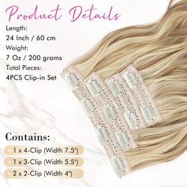 REECHO Clip in Hair Extensions, 4PCS Hair Extensions 24" Thick Long Beach Waves hair extensions HE003 Invisible Lace Weft – Medium Blonde with Blonde Highlights