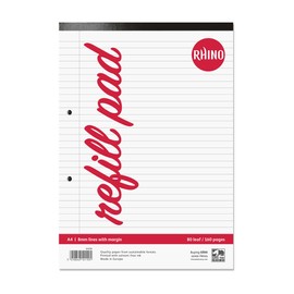 RHINO A4 Refill Pad, Writing Pad, 160 Page / 8mm Lined with Margin, 1 Pack, White Hole Punched Writing Paper, Office & School Stationery Supplies