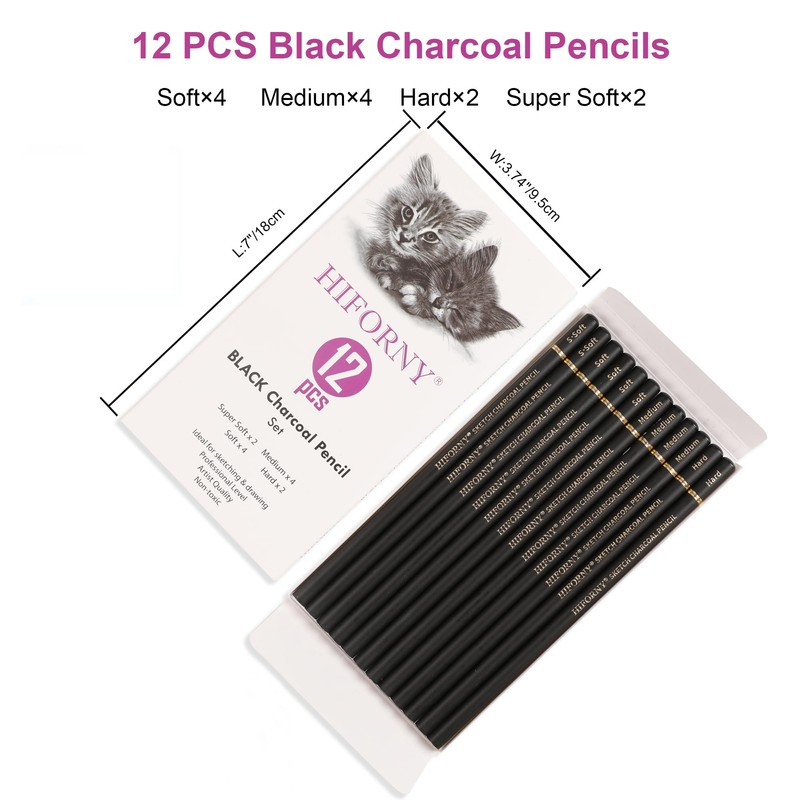 HIFORNY 12 Pieces Charcoal Pencils Drawing Set - Super Soft,Soft,Medium