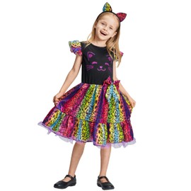 IKALI Girls' Cat Costume, Carnival Dress with Headband, Children's Animal Costume for Cosplay, 4-6 Years