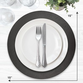 Homewear Placemats Set of 6 Morgan Faux Leather Round 15", Table Mats for Dining, Decor Kitchen Chargers, Non-Slip, Heat Resistant, Reversible, Black, Washable Everyday Holiday Use