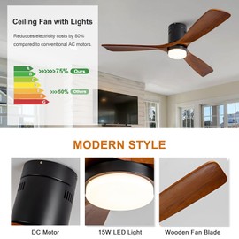 XBIBI 52 Inch Low Profile Ceiling Fans With Lights Remote Control, 3 Wood Fan Blade Noiseless Reversible DC Motor, Flush Mount Ceiling Fan With Light for Farmhouse Living Room Bedroom