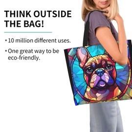 Novgift French Bulldog Stained Dog Breed Glass Art Women Shoulder Handbags Reusable Large Capacity Casual Tote Bag For Shopping Travel